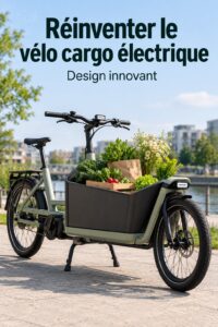Vélo cargo électrique moderne en milieu urbain, conçu par Konstantin Grcic et Polestar.