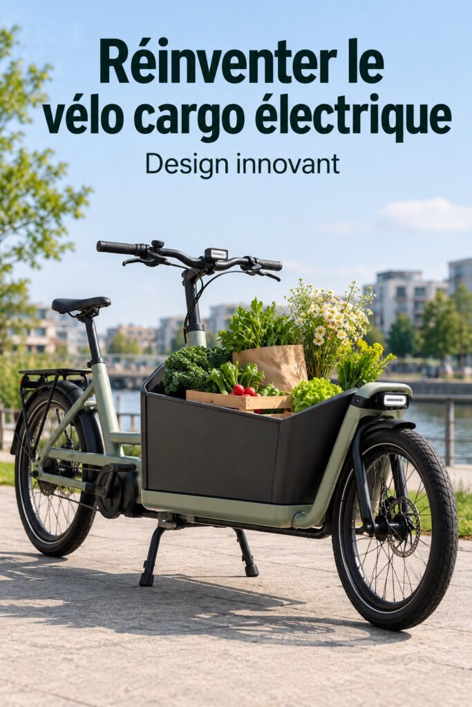 Vélo cargo électrique moderne en milieu urbain, conçu par Konstantin Grcic et Polestar.