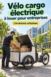 Un CityShuttle ePack, vélo cargo, garé devant une entreprise moderne en milieu urbain.