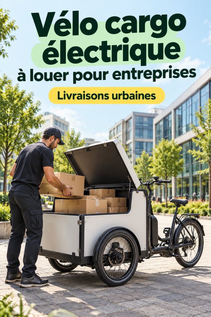 Un CityShuttle ePack, vélo cargo, garé devant une entreprise moderne en milieu urbain.