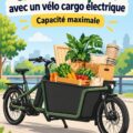 Un vélo cargo électrique avec une grande capacité de chargement dans un milieu urbain.