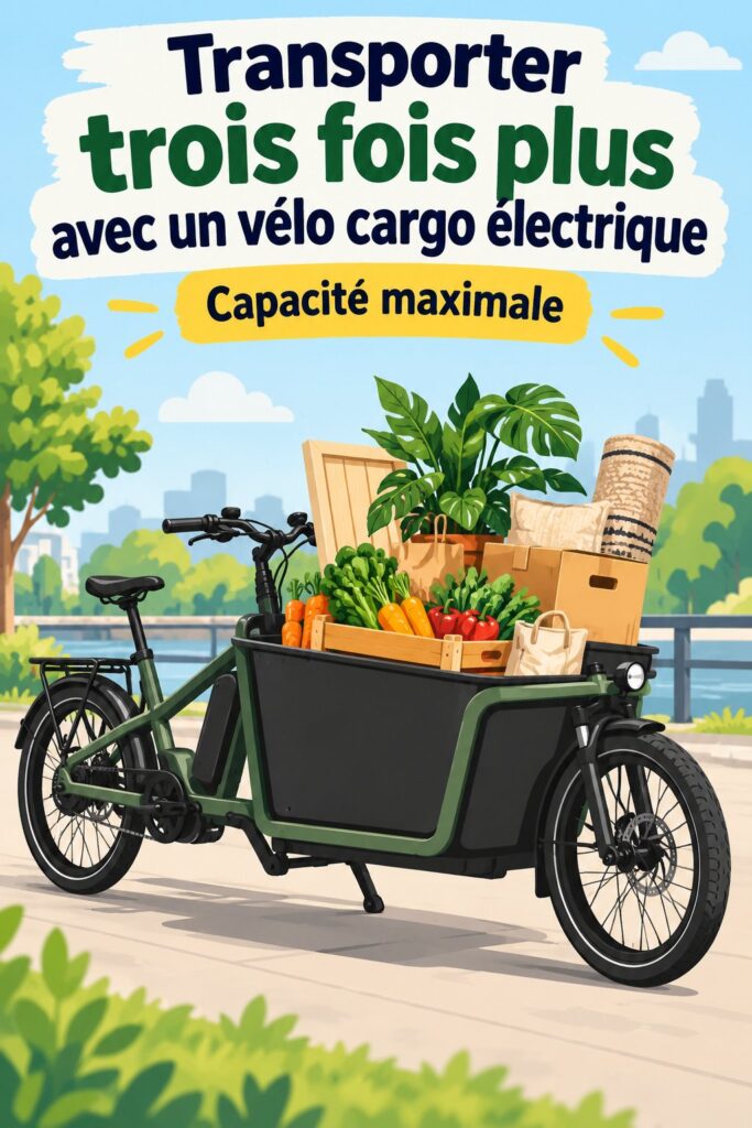 Un vélo cargo électrique avec une grande capacité de chargement dans un milieu urbain.