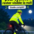 Femme à vélo portant des vêtements fluo pour une meilleure visibilité la nuit