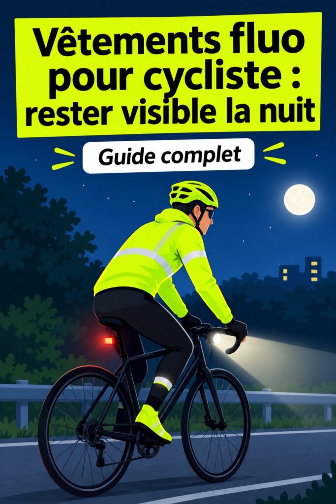 Femme à vélo portant des vêtements fluo pour une meilleure visibilité la nuit
